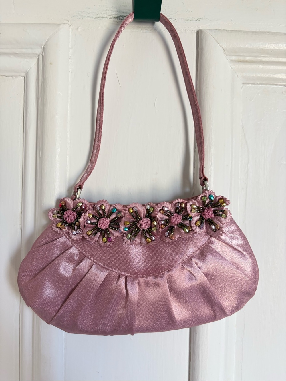 Pink Beaded Floral Satin Shoulder Bag